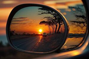 le coucher du soleil sur une voiture miroir illustration génératif ai photo