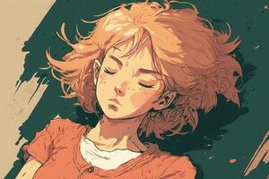 jolie anime fille dormant, manga style illustration génératif ai photo