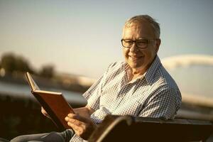Sénior homme en train de lire une livre à l'extérieur photo