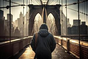 vue de le retour de une homme seul sur Brooklyn pont Nouveau york ville, Etats-Unis. illustration génératif ai photo