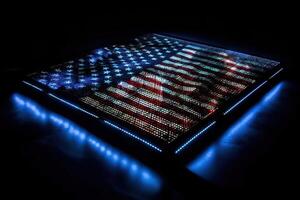 Etats-Unis drapeau fabriqué en dehors de LED lumières illustration génératif ai photo