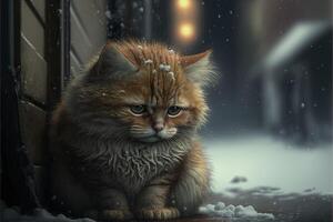 chat, triste solitaire abandonné, en dessous de le neige illustration génératif ai photo