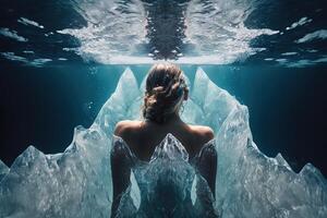 magnifique femme nager dans liquide diamants vue de le retour illustration génératif ai photo