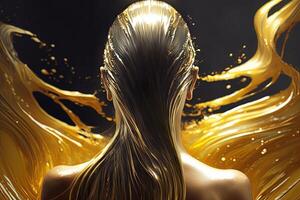 magnifique femme nager dans liquide or vue de le retour illustration génératif ai photo