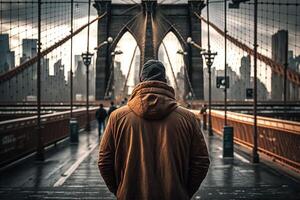 vue de le retour de une homme seul sur Brooklyn pont Nouveau york ville, Etats-Unis. illustration génératif ai photo