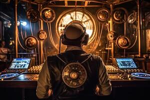 vue de le retour de steampunk dj en jouant à mécanique disco illustration génératif ai photo