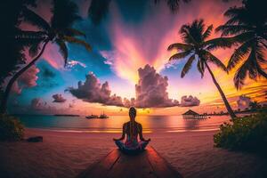 vue de le retour de magnifique fille pratiquant yoga sur une tropical plage à coucher de soleil, avec paume des arbres et coloré des nuages dans le Contexte illustration génératif ai photo