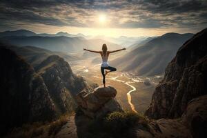 magnifique fille Faire une difficile yoga pose sur une falaise surplombant une vaste et magnifique Naturel paysage illustration génératif ai photo