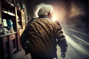 vieux homme fonctionnement à vitesse de la lumière illustration génératif ai photo