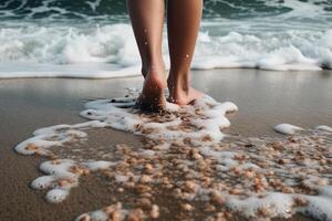 femme pieds sur sablonneux plage avec mer mousse illustration génératif ai photo