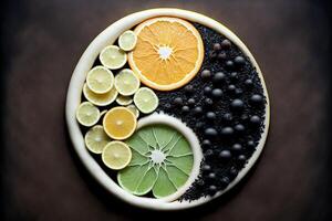 yin Yang symbole fabriqué de en bonne santé nourriture génératif ai photo