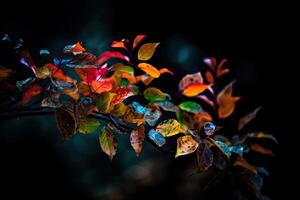 éclater de coloré feuilles exploser de une arbre branche illustration génératif ai photo