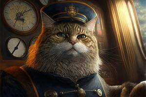 capitaine marin chat sur ses voilier illustration génératif ai photo