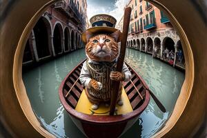 chat comme gondolier avec typique rayures uniforme sur gondole dans Venise canaux illustration génératif ai photo