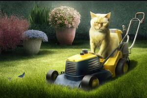 jardinier chat avec tondeuse travail emploi profession illustration génératif ai photo