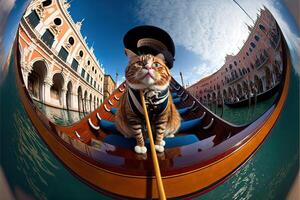 chat comme gondolier avec typique rayures uniforme sur gondole dans Venise canaux illustration génératif ai photo