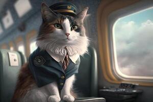 chat comme vol préposé portant hôtesse uniforme à l'intérieur avion cabine en volant autour le monde illustration génératif ai photo