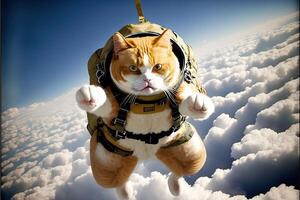 chat skydriver. en volant avec parachute le parachutisme illustration génératif ai photo