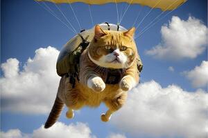 chat skydriver. en volant avec parachute le parachutisme illustration génératif ai photo