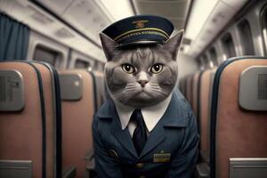 chat comme vol préposé portant hôtesse uniforme à l'intérieur avion cabine en volant autour le monde illustration génératif ai photo