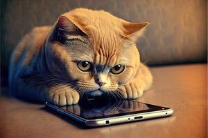 chat en utilisant téléphone intelligent. concept pour animaux domestiques en utilisant technologie, ou animaux imitant humains. illustration génératif ai photo