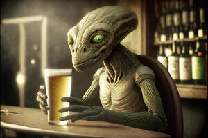 extraterrestre en buvant une Bière génératif ai photo