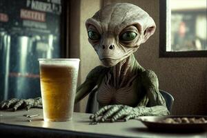 extraterrestre en buvant une Bière génératif ai photo