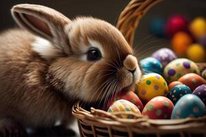 proche - en haut de une mignonne lapin nez et moustaches, reniflement une panier de décoré Pâques des œufs Pâques illustration génératif ai photo