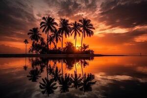 noix de coco paume spectaculaire tropical plage le coucher du soleil avec mer réflexion illustration génératif ai photo