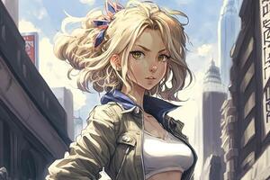 magnifique anime manga fille dans Nouveau york ville illustration génératif ai photo