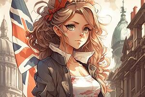 magnifique anime manga fille dans Londres illustration génératif ai photo