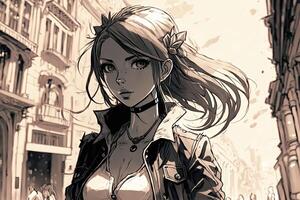 magnifique anime manga fille dans Madrid Espagne illustration génératif ai photo