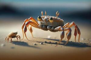 Crabe sur le plage avec petit peu lionceau Crabe illustration génératif ai photo