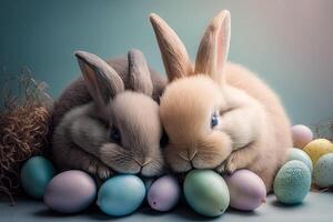 mignonne lapins câliné en haut ensemble, entouré par pastel - coloré Pâques des œufs Pâques illustration génératif ai photo