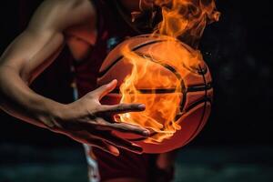 basketball joueur mains en portant Balle dans explosion de énergie et Feu illustration génératif ai photo