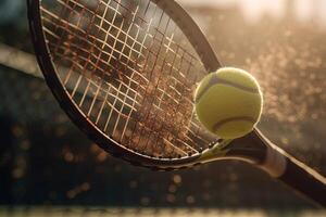 tennis raquette frappe le Balle dans énergie détail explosif illustration génératif ai photo