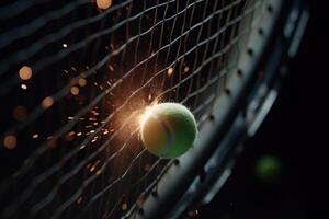 tennis raquette frappe le Balle dans énergie détail explosif illustration génératif ai photo