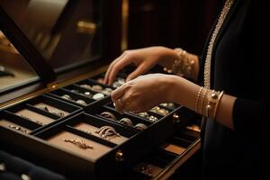 détail de mains de femme achat luxe bijoux boutique illustration génératif ai photo