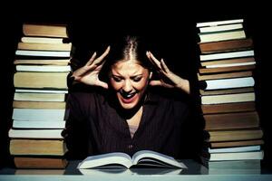 portrait de une stressé femme avec livres photo