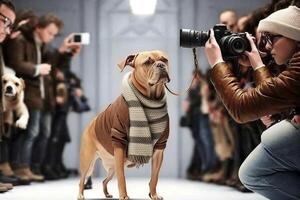 chien sur le passerelle posant une mode modèle portant exclusif robe illustration génératif ai photo