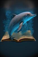 mignonne dauphin en train de lire livre, dans les enfants lit pendant Noël veille nuit dessin animé style illustration génératif ai photo