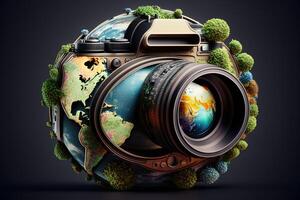 monde la photographie journée Terre globe dans forme de caméra illustration génératif ai photo