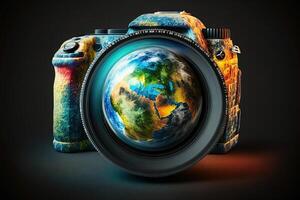 monde la photographie journée Terre globe dans forme de caméra illustration génératif ai photo
