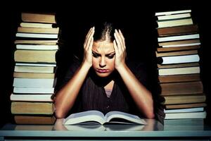 portrait de une stressé femme avec livres photo