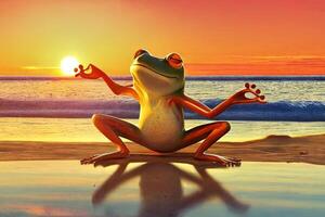 grenouille pratiquant yoga sur le plage à le coucher du soleil illustration génératif ai photo