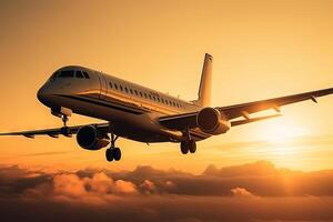 affaires avion privé jet à le coucher du soleil illustration génératif ai photo