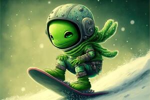 mignonne vert extraterrestre planche a neige illustration génératif ai photo