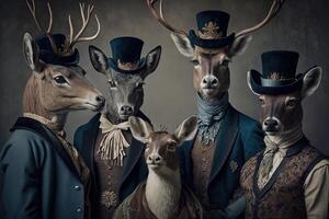 cerfs animaux habillé dans victorien ère Vêtements illustration génératif ai photo