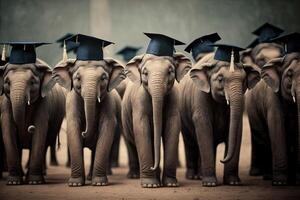 éléphants permanent dans une doubler, portant l'obtention du diplôme casquettes et robes, avec une fier Regardez sur leur visages illustration génératif ai photo