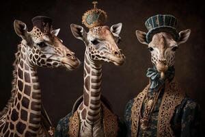 girafe animaux habillé dans victorien ère Vêtements illustration génératif ai photo